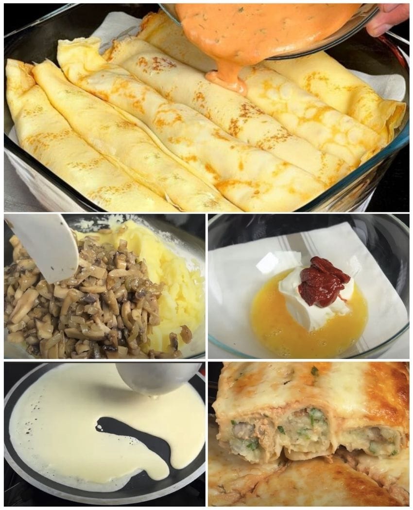 Clătite gratinate cu sos de roșii, umplute cu ciuperci și brânză – O combinație savuroasă