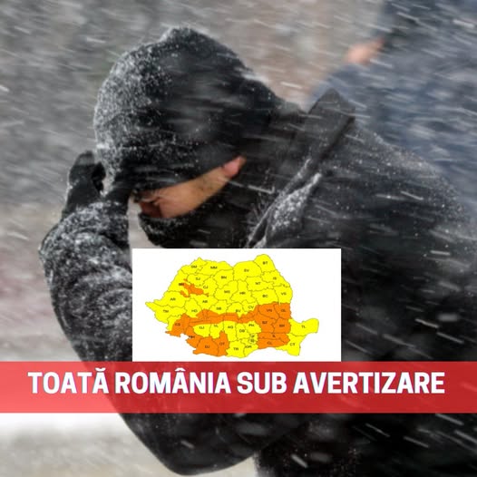 Toată România este sub cod galben și portocaliu de viscol, ninsori puternice și vreme extremă