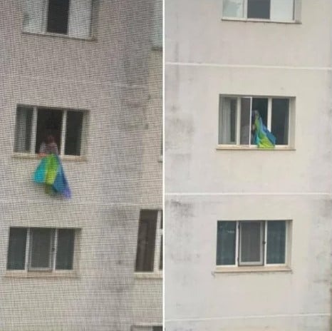 O femeie din Bacău și-a scuturat cearșaful, ziua-n amiaza mare, chiar pe geamul apartamentului său. Un vecin care stătea vizavi a prins fapta și a postat fotografiile pe Internet pentru a o face de râs: Uite ce s-a întâmplat câteva minute mai târziu
