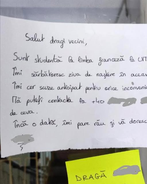 Bilețelul adorabil prin care o studentă din Cluj și-a anunțat vecinii că „îmi sărbătoresc ziua în această seară”. Ce s-a întâmplat exact la 23:59 și a devenit viral