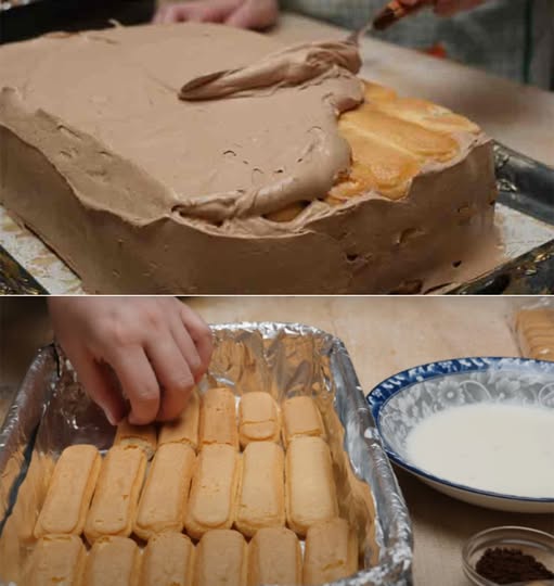 Prăjitura simplă cu ciocolată fără coacere – Ne trebuie câteva pișcoturi și o crema de ciocolată,