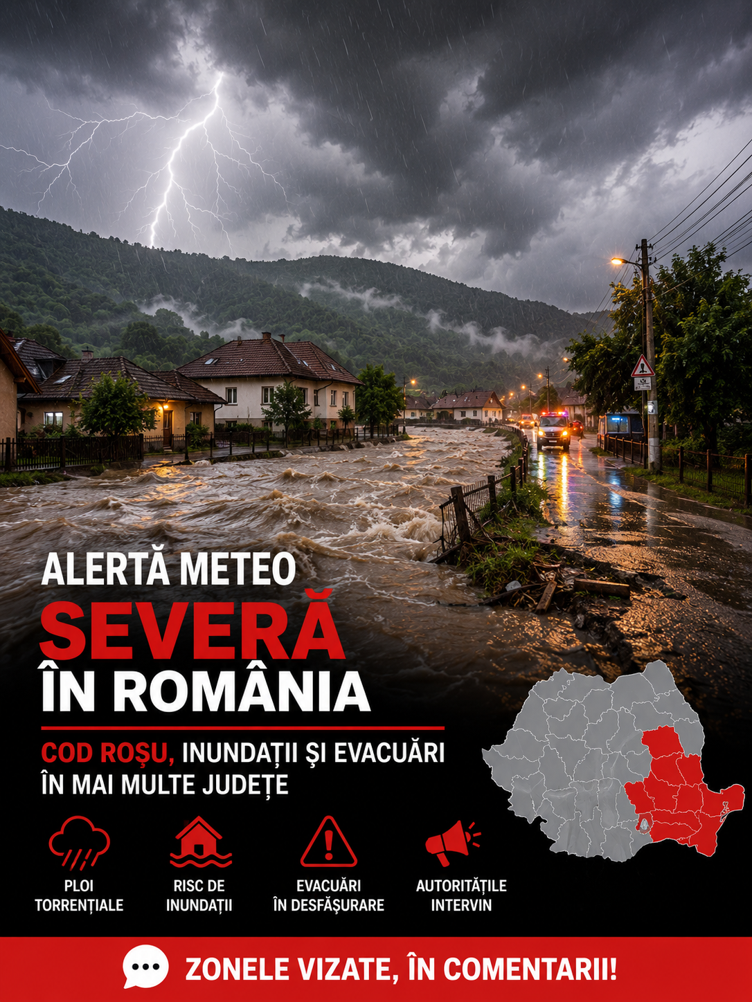 Alertă meteo severă în România. Cod roșu, inundații și evacuări în mai multe județe